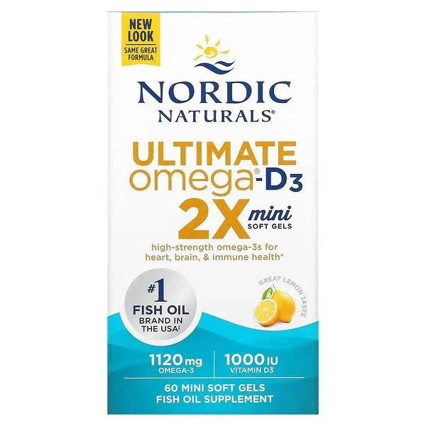 Omega 3 Fish Oil with Vitamin D3 Lemon Flavor 60 Mini Softgels High Strength Formula