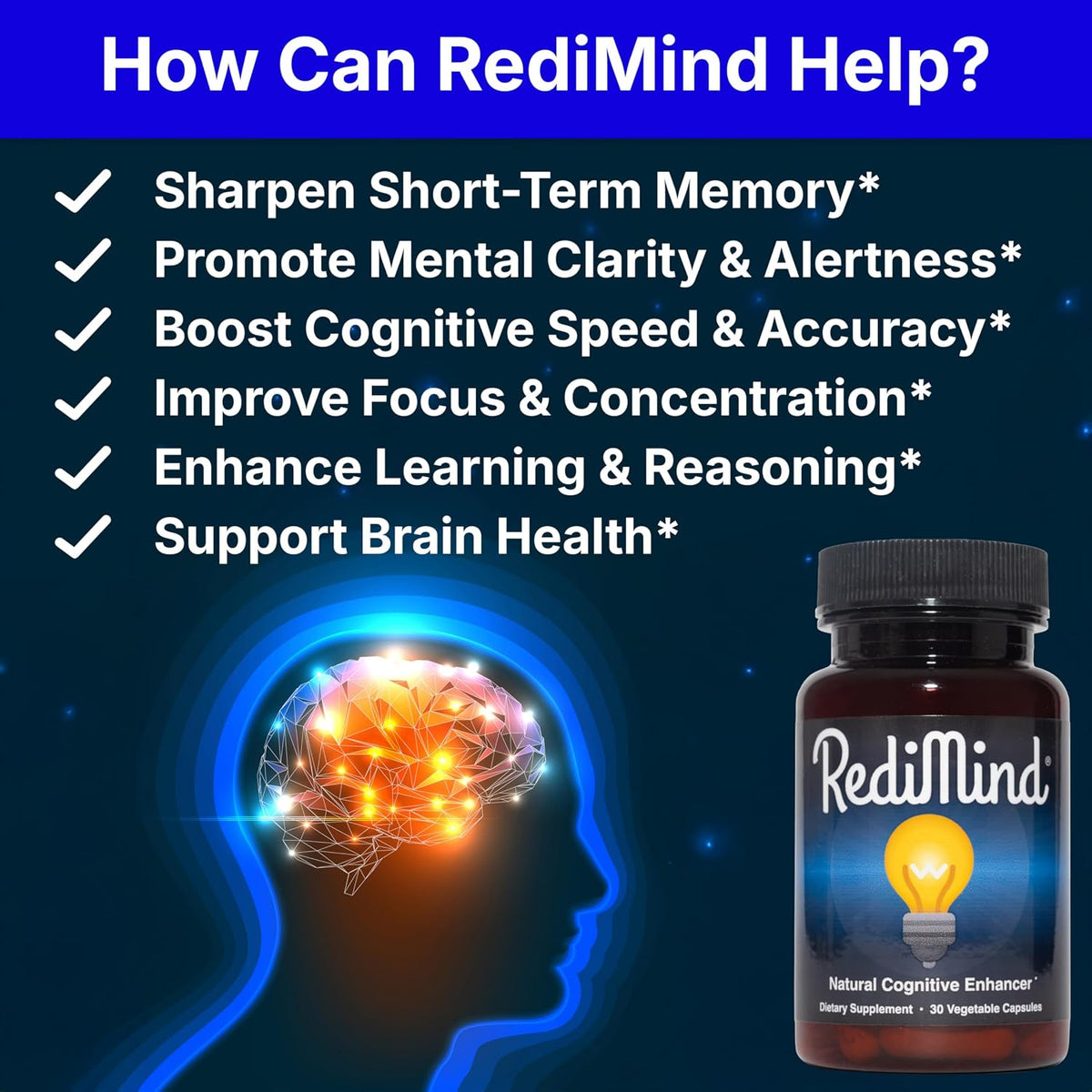 RediMind Natural Cognitive Support & Brain Supplement – Vegan, Gluten-Free, Daily Brain Health Formula