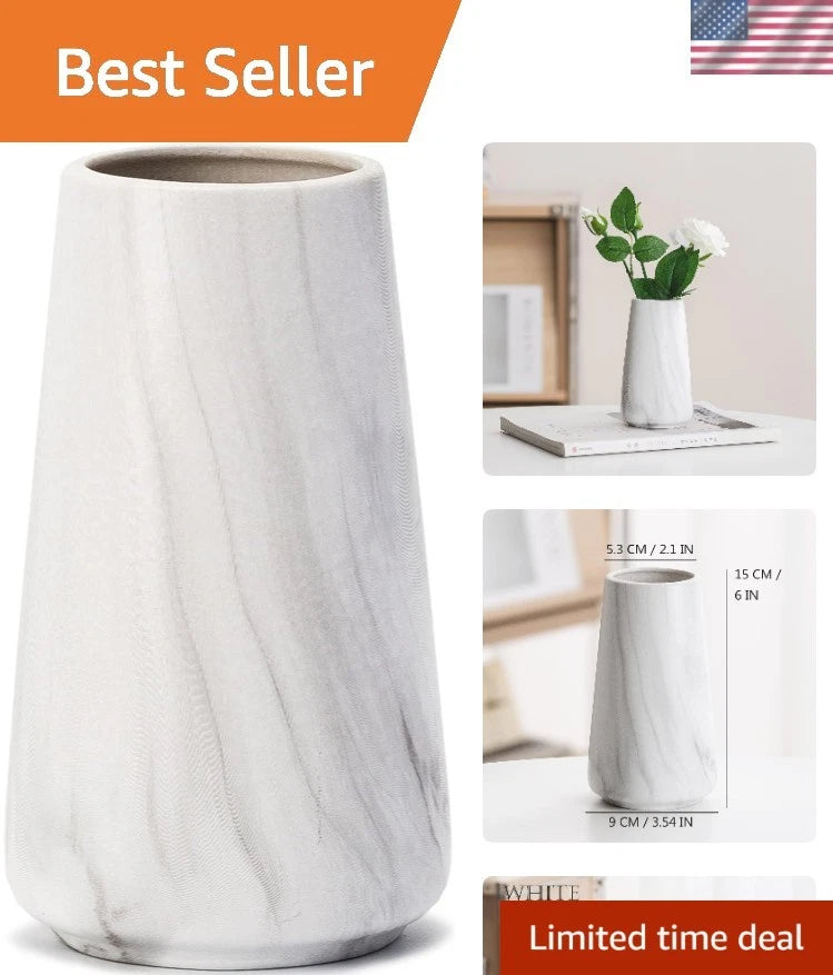 6" White Marble Vase for Pampas Grass & Flowers – Minimalist Modern Home Decor, Decorative Flower Vase