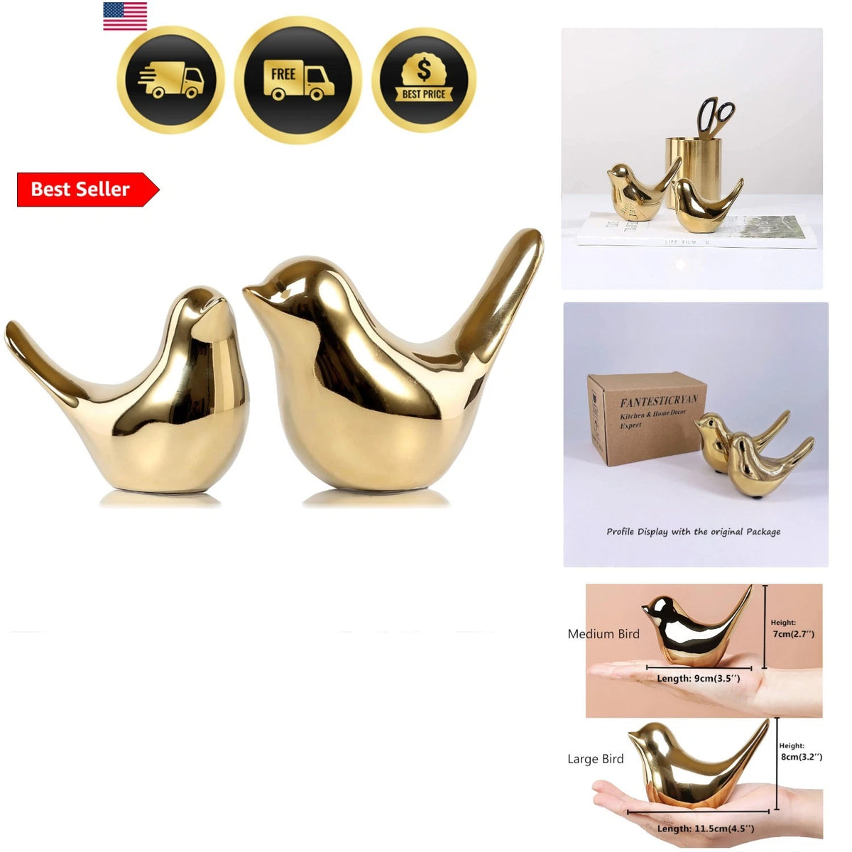 Gold Bird Statues for Home Decor – Modern Decorative Bird Figurines, Elegant Tabletop Ornament & Luxury Room Decor